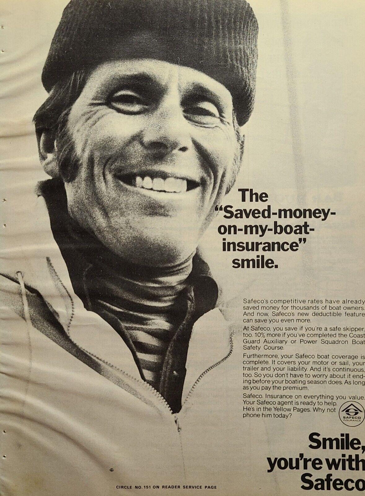 Safeco Insurance Boat Coverage Motor Sail Save Money Vintage Print Ad 1972