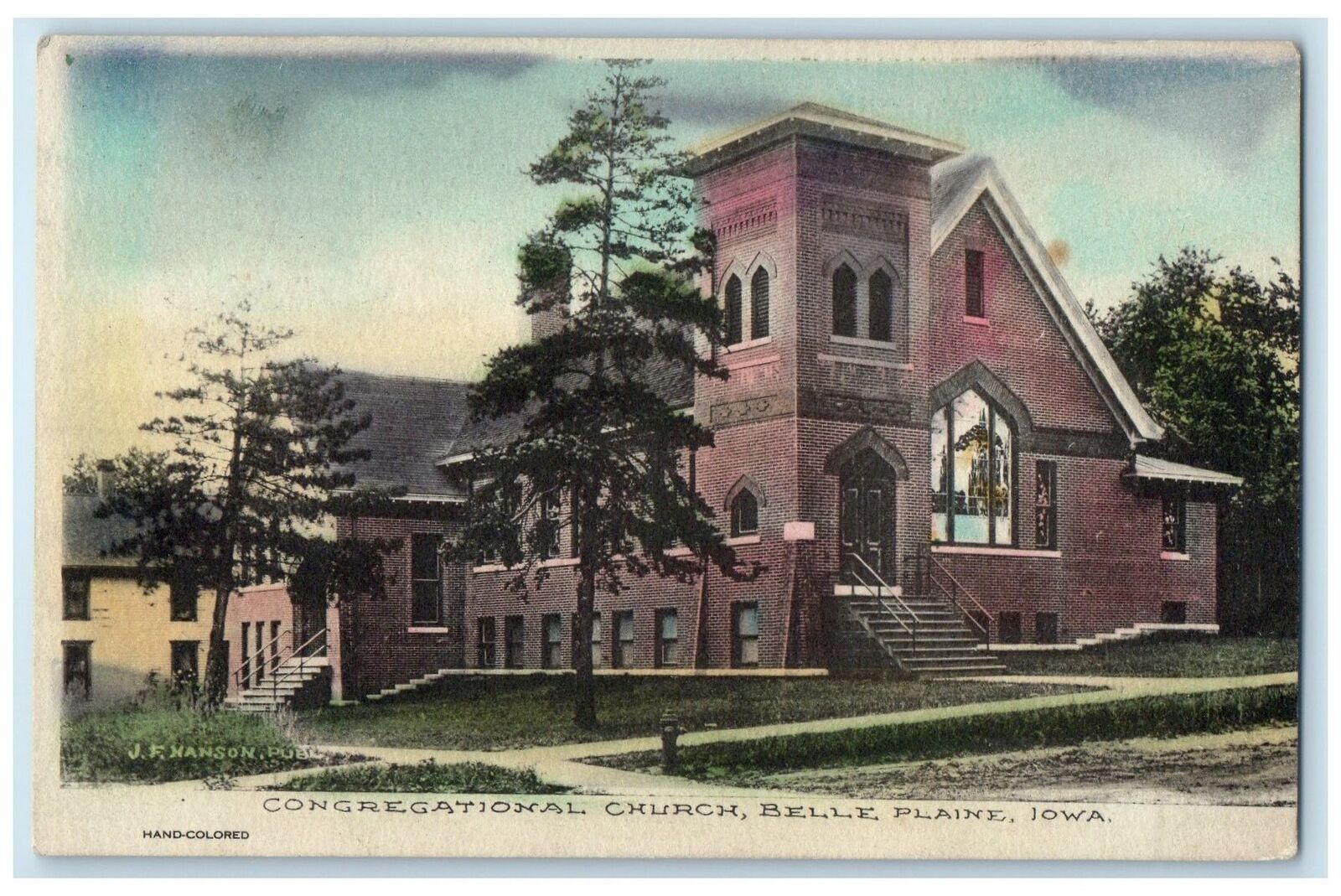 1909 Congregational Church Building Stairs Dirt Road Belle Plaine Iowa Postcard