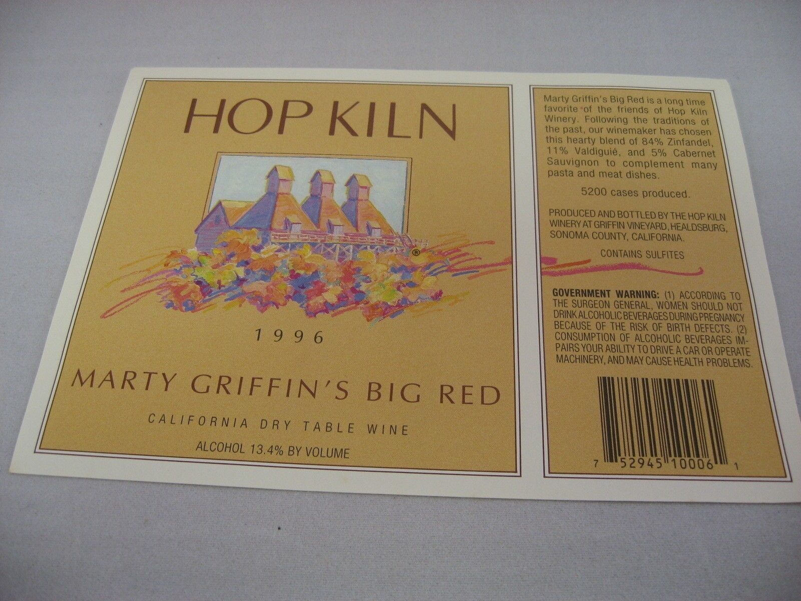 Wine Label: HOP KILN 1996 Marty Grffin\'s Big Red California
