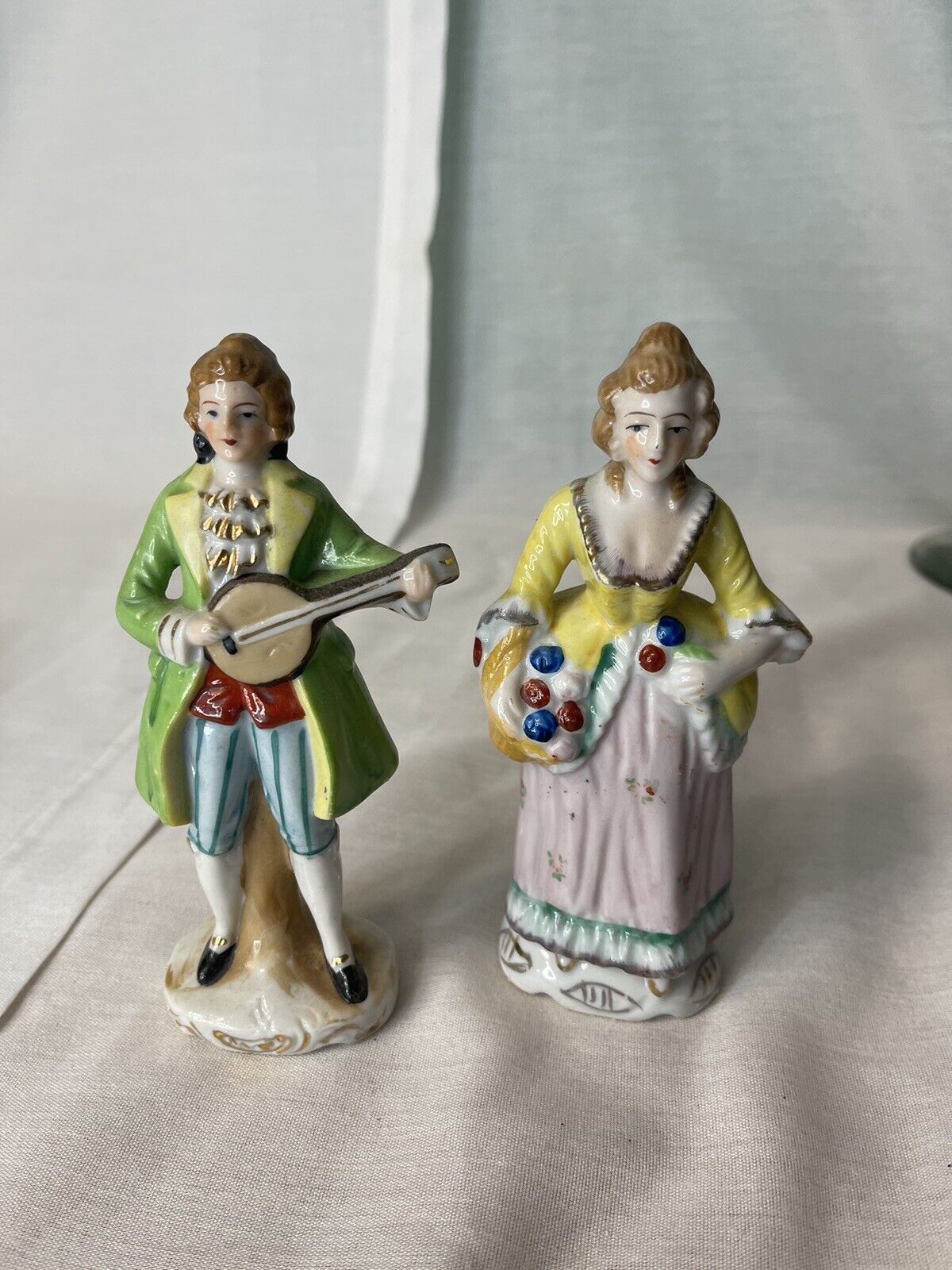 Vintage Porcelain Victorian Man & Woman Figurines Made In Japan Yellow & Green