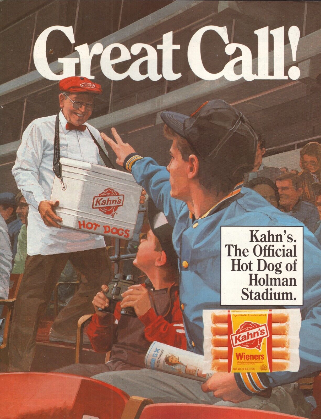 Kahn\'s Hot Dogs--Great Call--Baseball Park Scene--1978 Print Ad