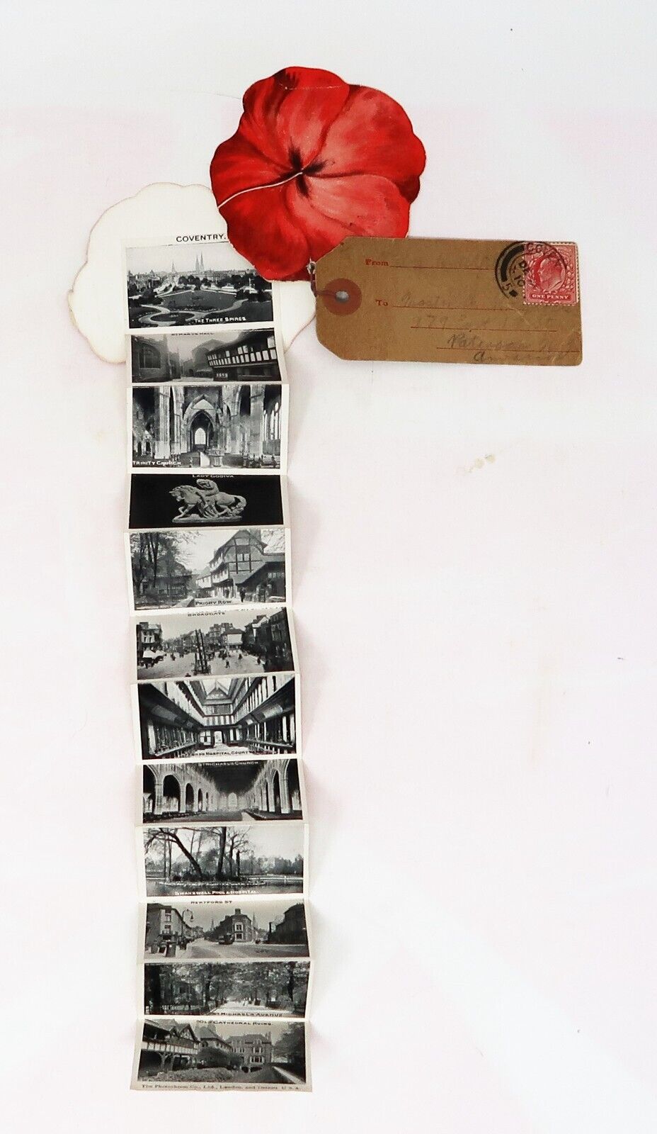 Early 1900\'s Mechanical Postcard Flower folds to Accordion of Photos
