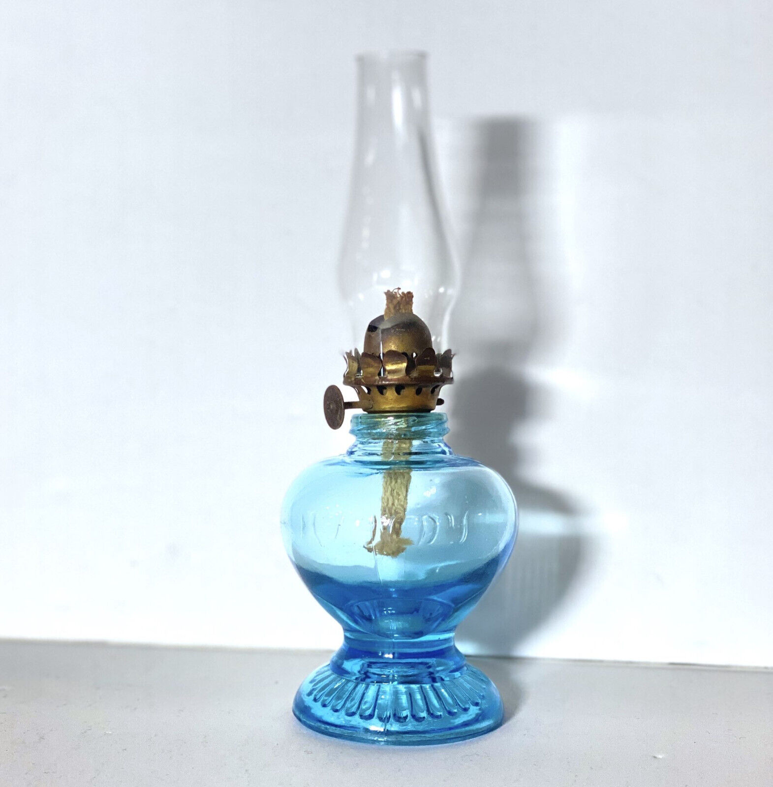 Antique Miniature HANDY Oil Lamp Royal Blue Glass Lantern Embossed Letters