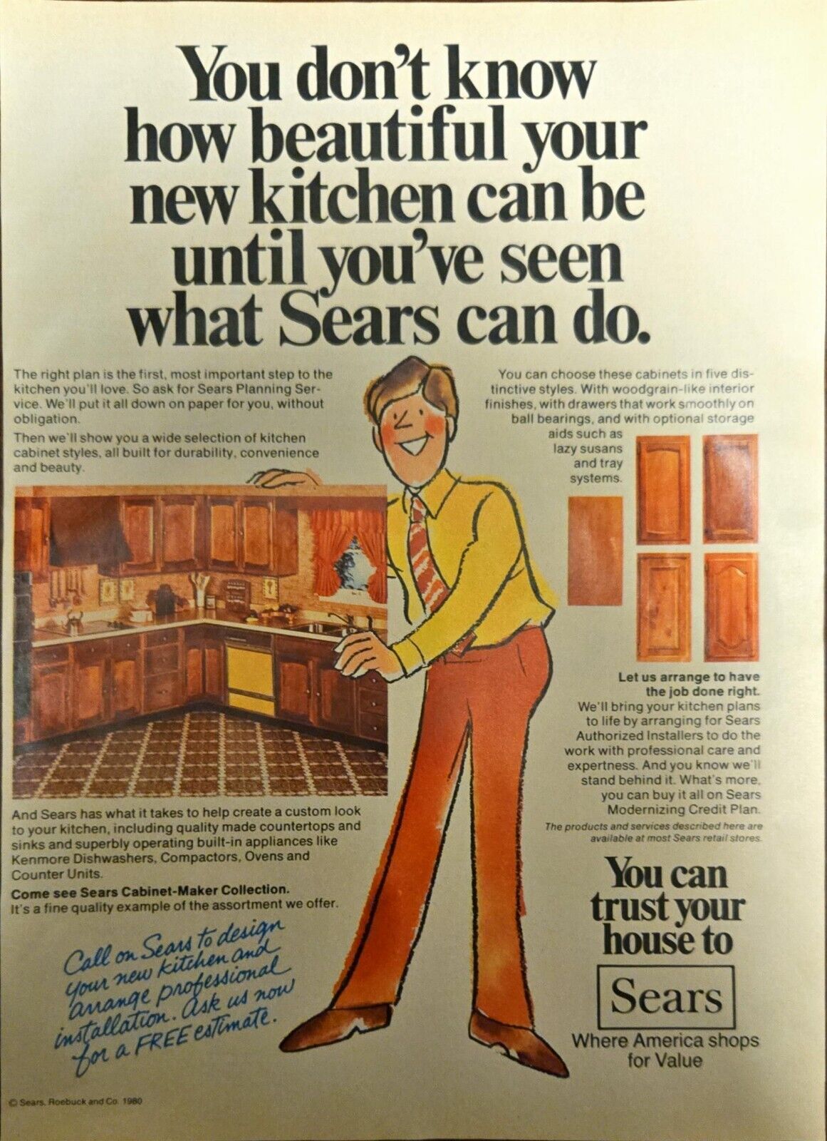 1980 Sears Vintage Print Ad Remodeling Your Kitchen Cabinets Cartoon Man
