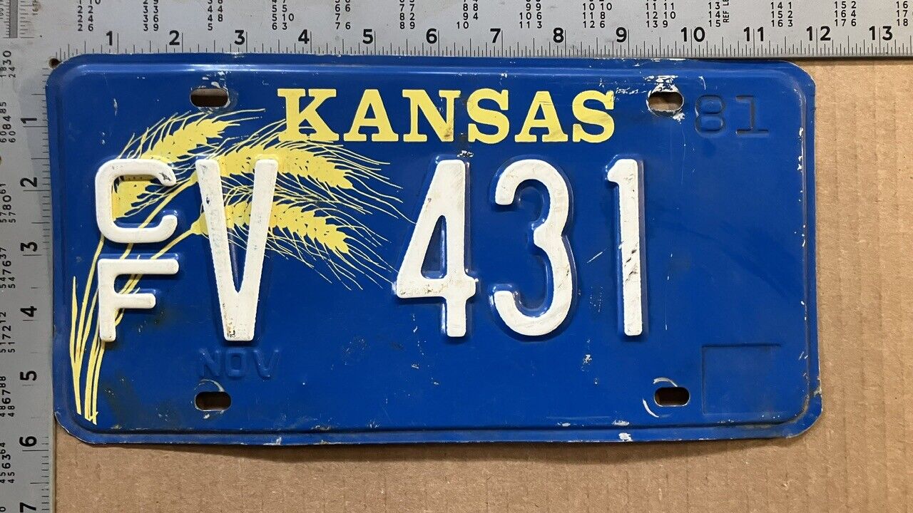 1981 Kansas license plate CF V 431 YOM DMV Coffey Ford Chevy Dodge 14121