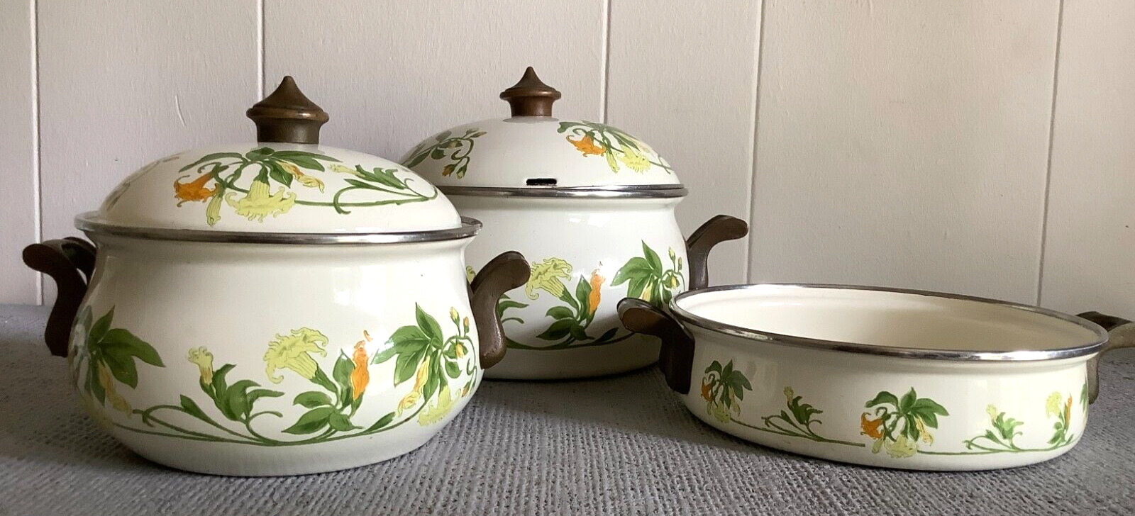 Vintage ASTA German Floral Enamelware Cookware Set With Brass Handles 5 Pieces