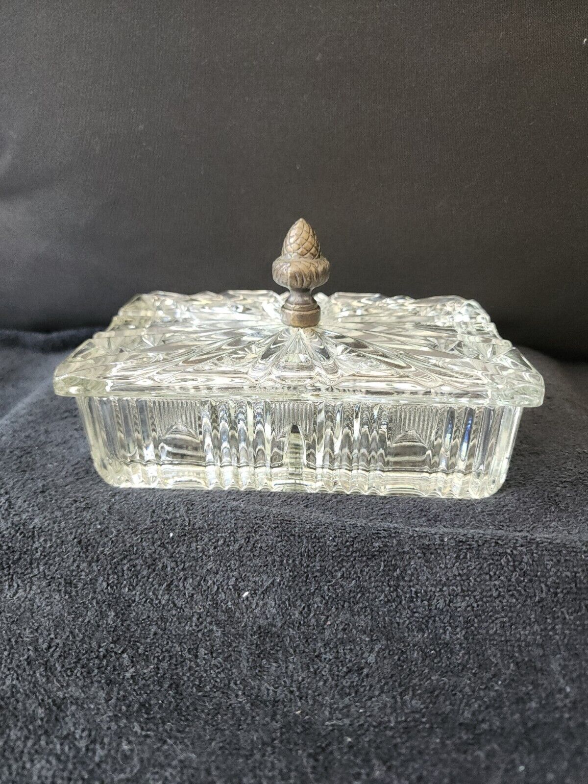 Vtg Lancaster Crystal Glass Cigarette Box Brass Acorn Finial Trinket Jewelry 