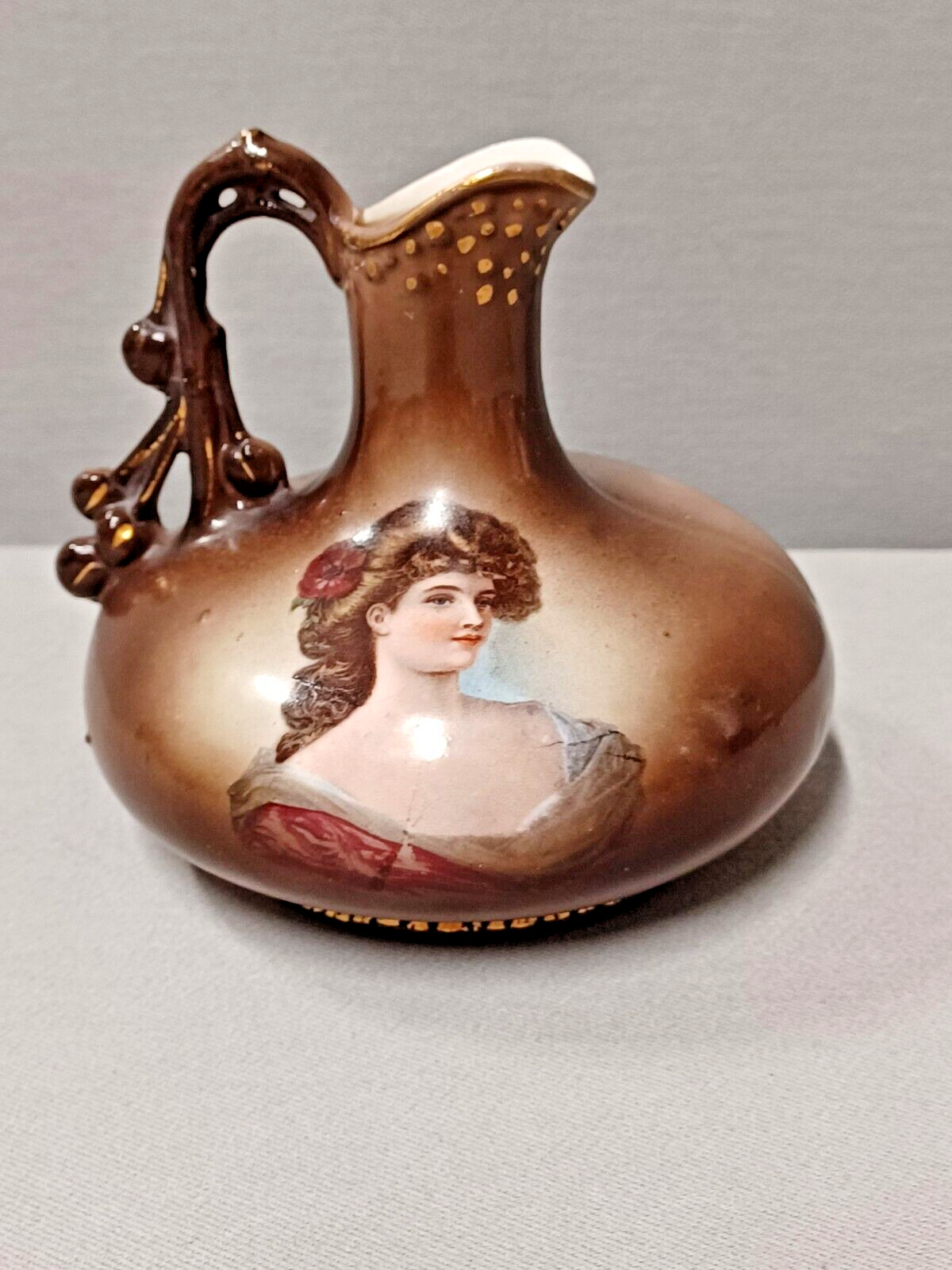 Austria Portrait Of Brunette Lady Cruet-Vase  Brown with Ornate Handle