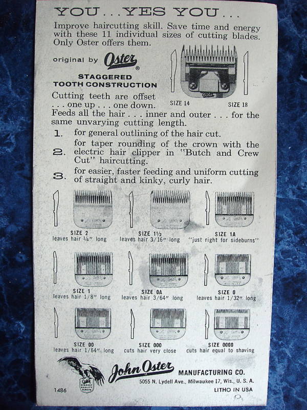 Vintage 1940\'s Barberhop Oster Clipper Size Chart Drawings Sign Ad 1486