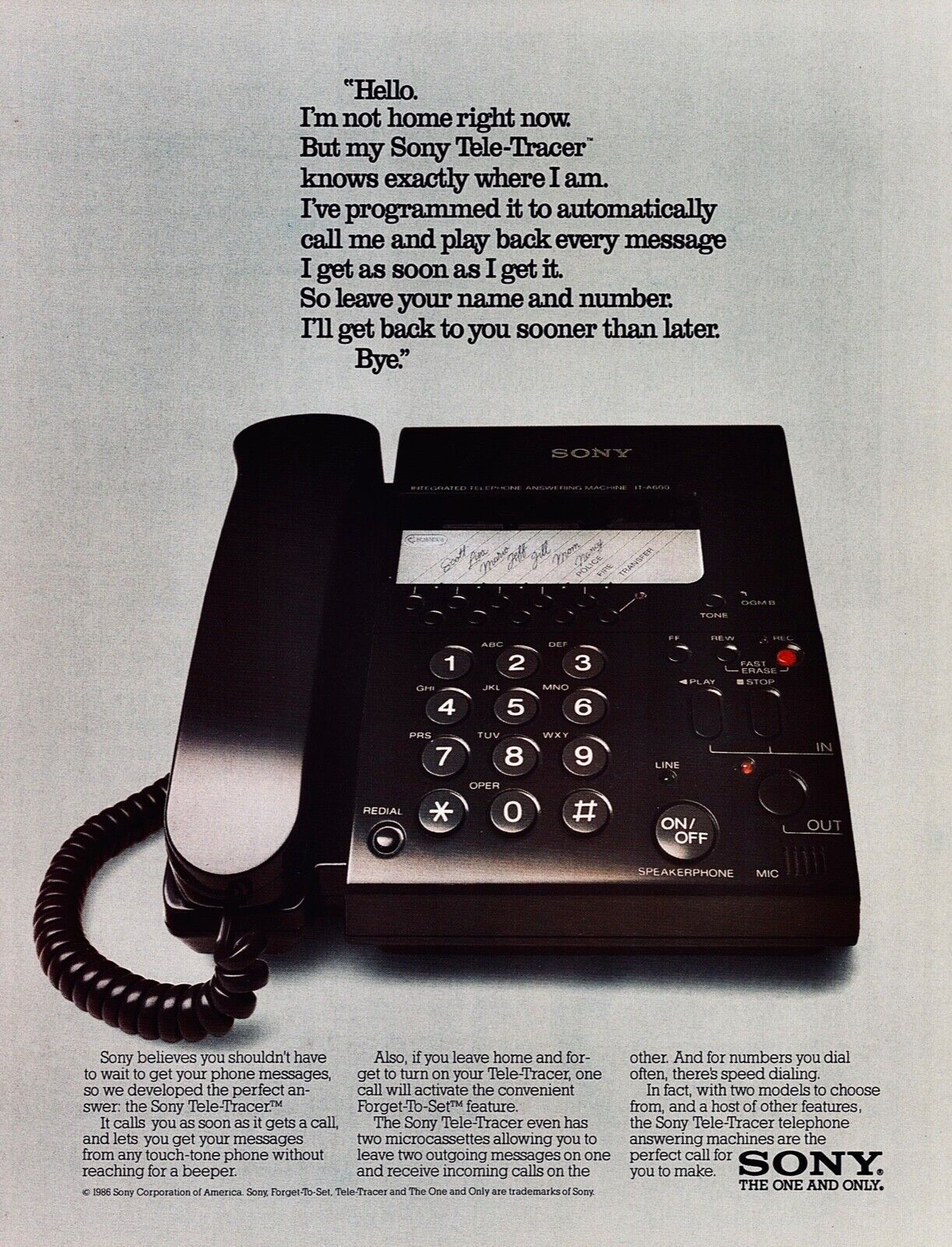 SONY Tele-Tracer Telephone Answering Machines~ VINTAGE PRINT AD ~ 1986