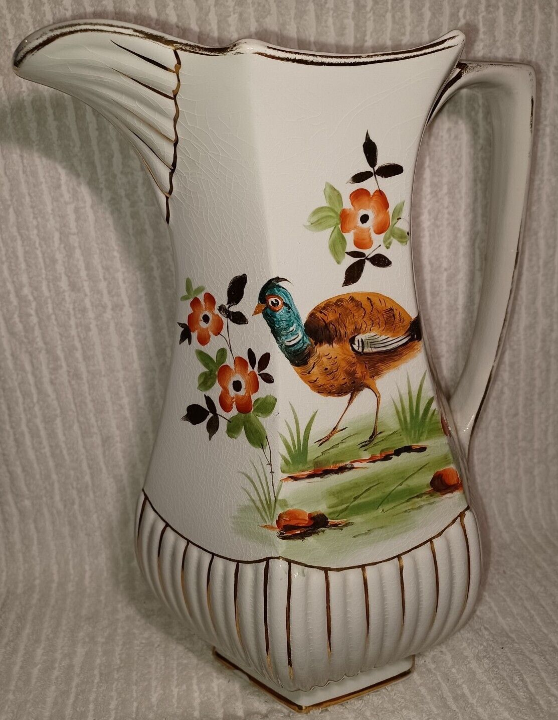 Vintage W ADAMS SONS England PHEASANT Pitcher Vase Crown Semi Porcelain 13\