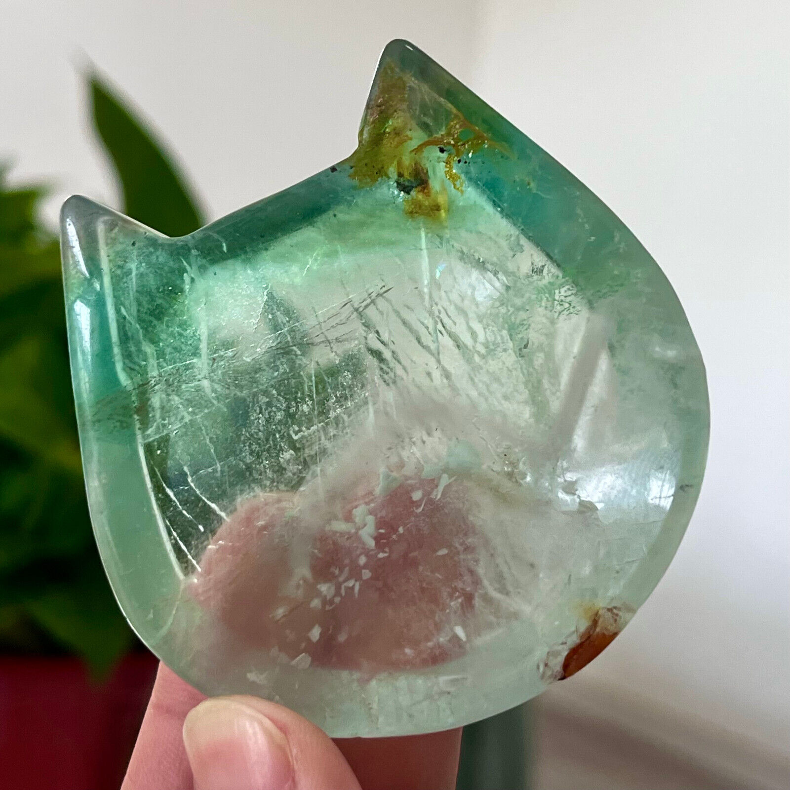 99G Natural and beautiful colored fluorite crystal carved cat shaped bowl restor