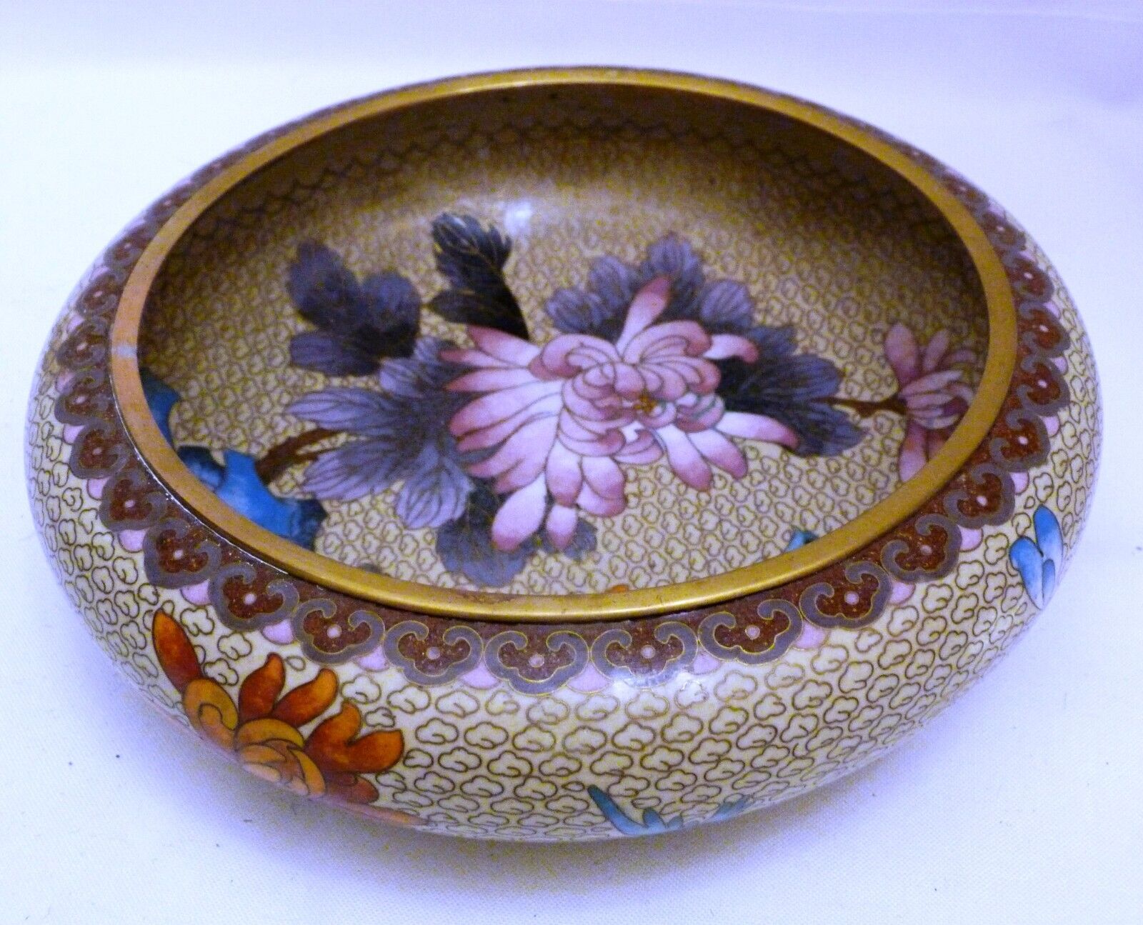Vintage Lovely Chinese Cloisonne Enamel Hand Painted Bowl With Floral Motifs