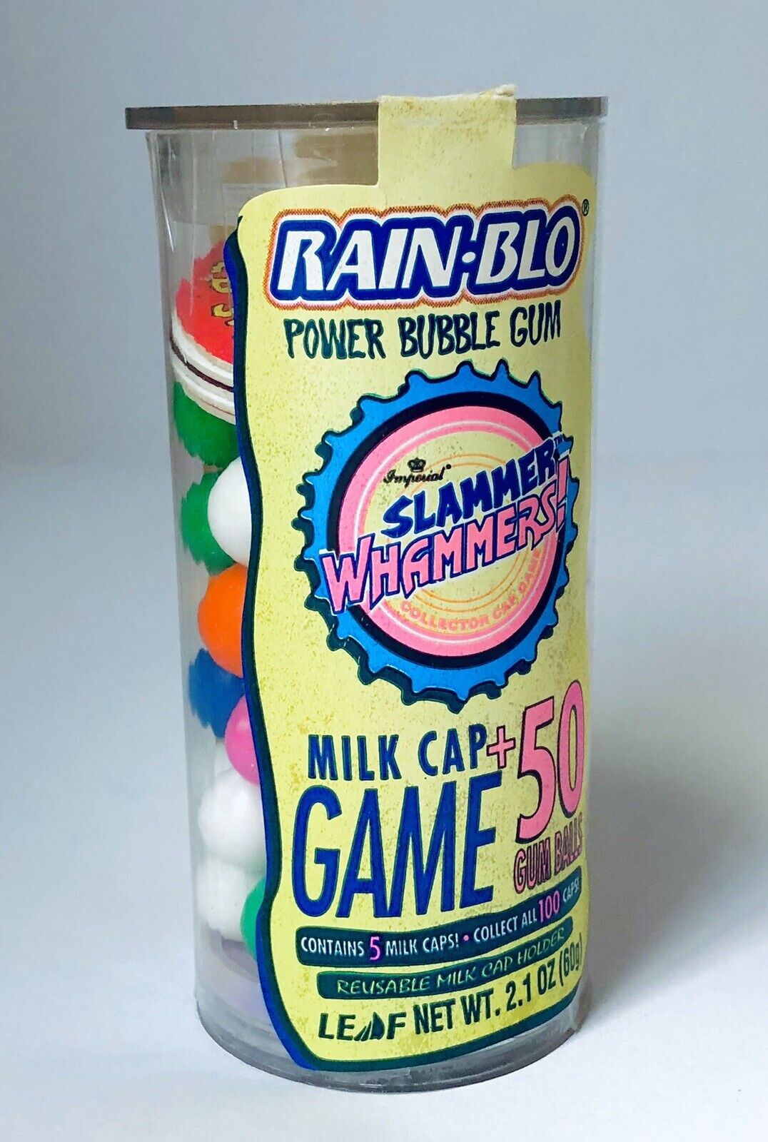 Vintage 1994 Leaf SLAMMER WHAMMERS Bubble Gum 4” Milk Cap POGS Candy Container