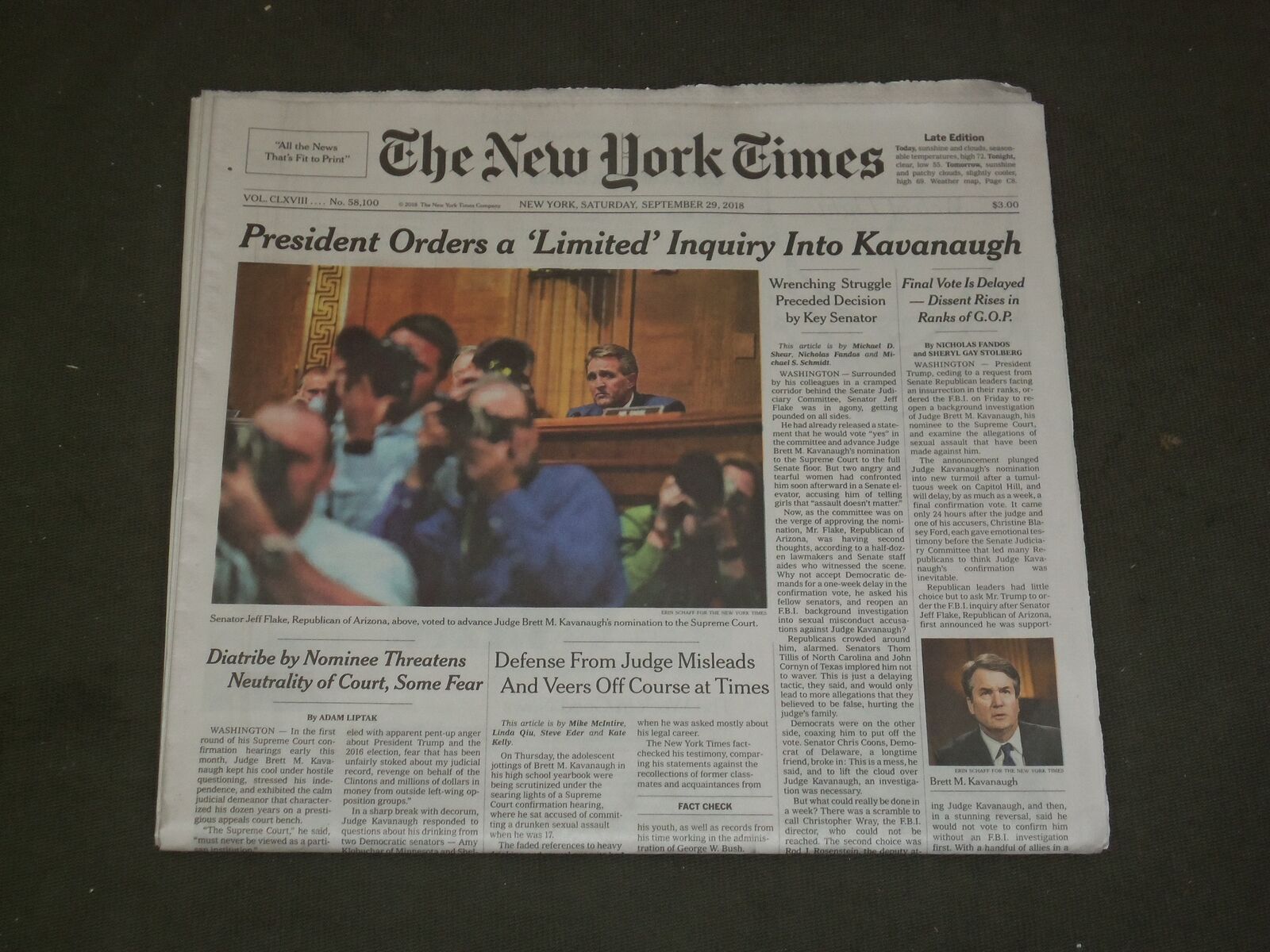 2018 SEPTEMBER 29 NEW YORK TIMES - TRUMP ORDERS LIMITED INQUIRY INTO KAVANAUGH