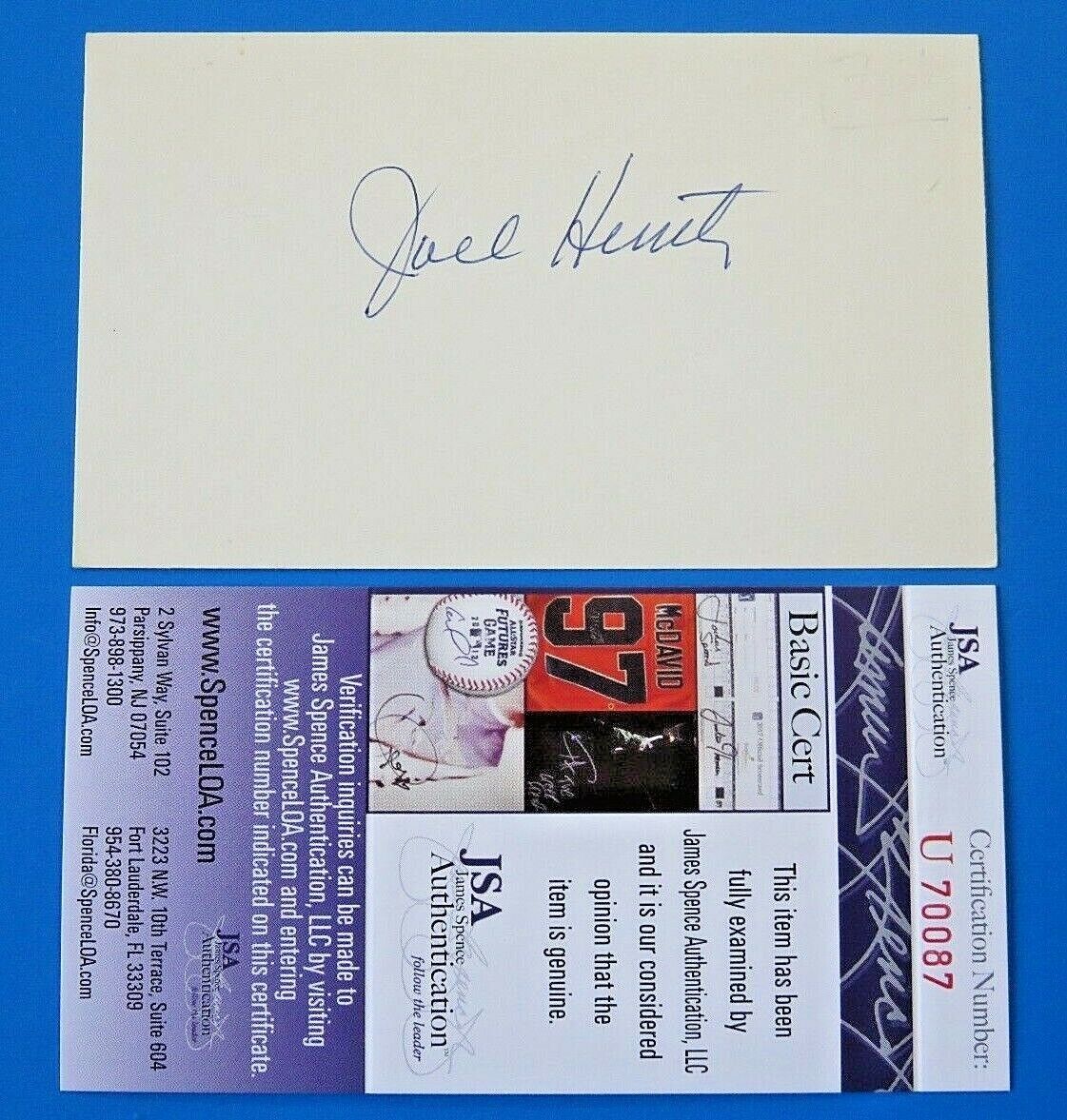 JOEL HUNT SIGNED 3x5 INDEX CARD ~ FOOTBALL HOF & BASEBALL PLAYER ~ JSA U70087