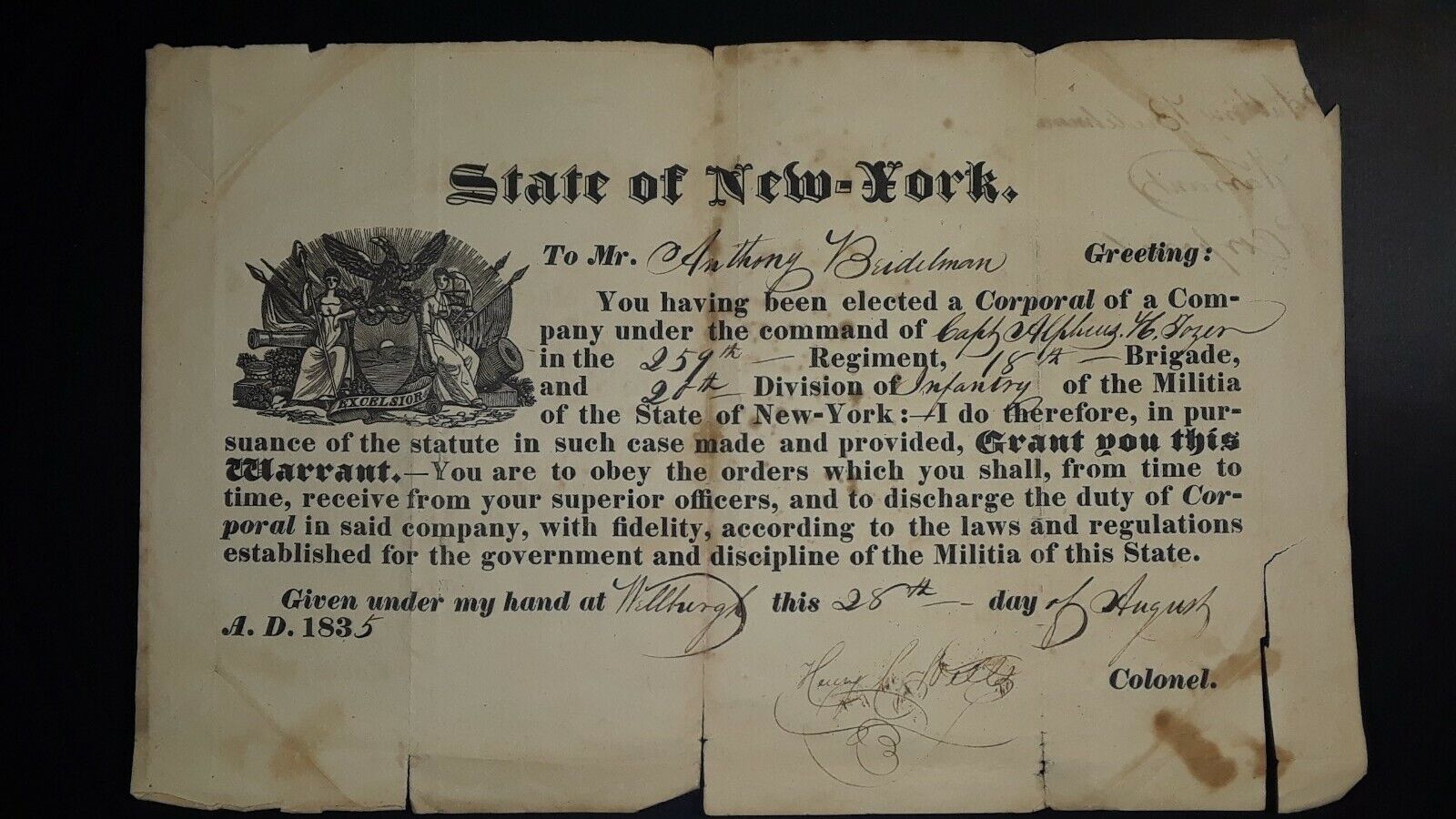 1835 Military Document PA German New York Militia Broadside Beidelman Family 