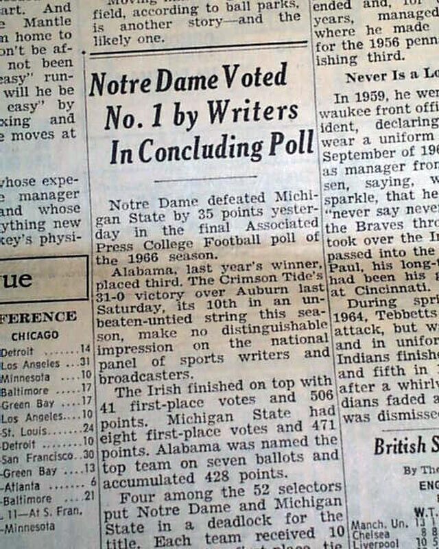 NOTRE DAME Fighting Irish College Football NATIONAL CHAMPIONS 1966 Old Newspaper