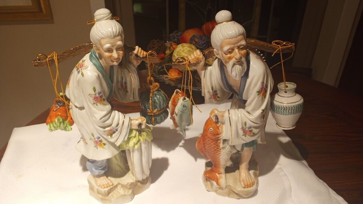 Vintage Pair Japanese Porcelain Figurines Man, Woman, Fish 15” Very detailed (M)