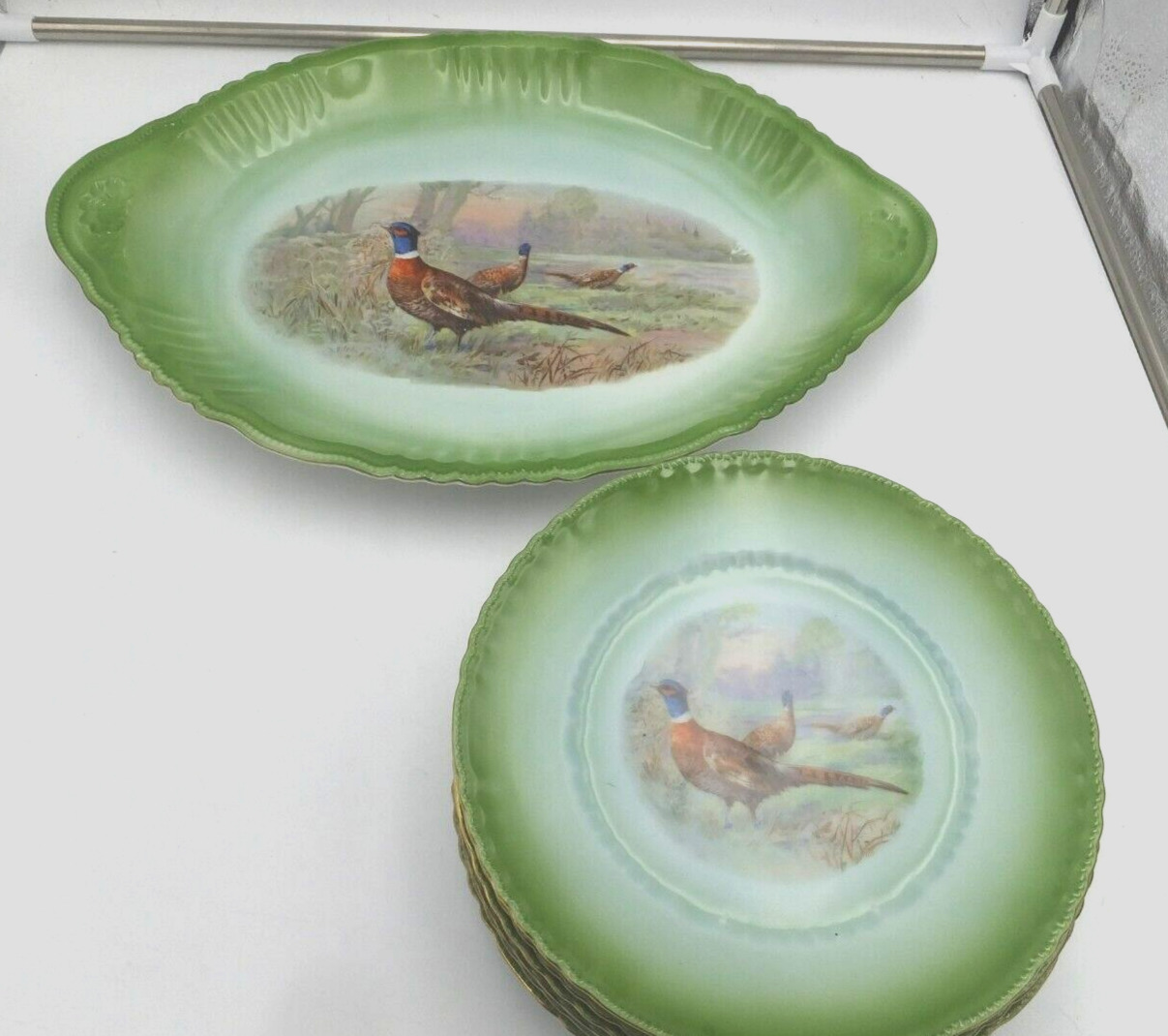 Victoria Austria Pheasant Themed Serving Platter and Six Serving Plates