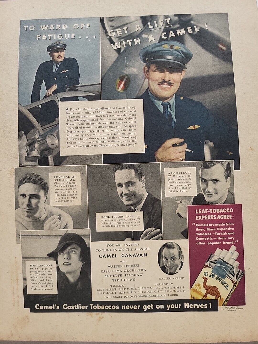 1935 Camel Cigarettes Fortune Magazine Print Advertising Caravan Pilot Tobacco