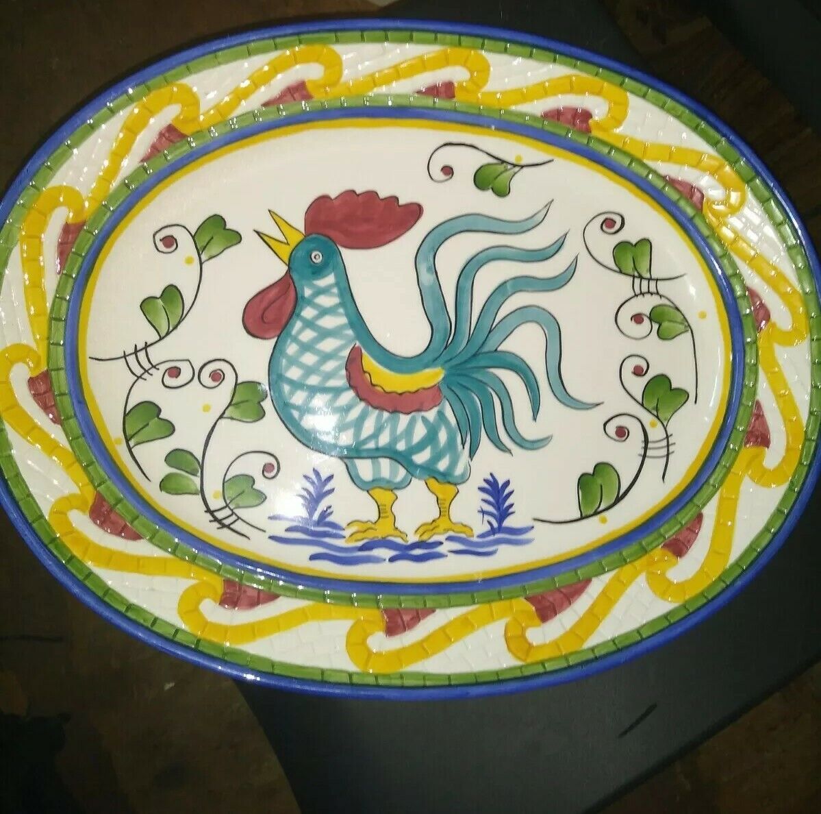 Rooster Plater hand painted 1999 South San Francisco 20x16 Clay Art Mosaic 