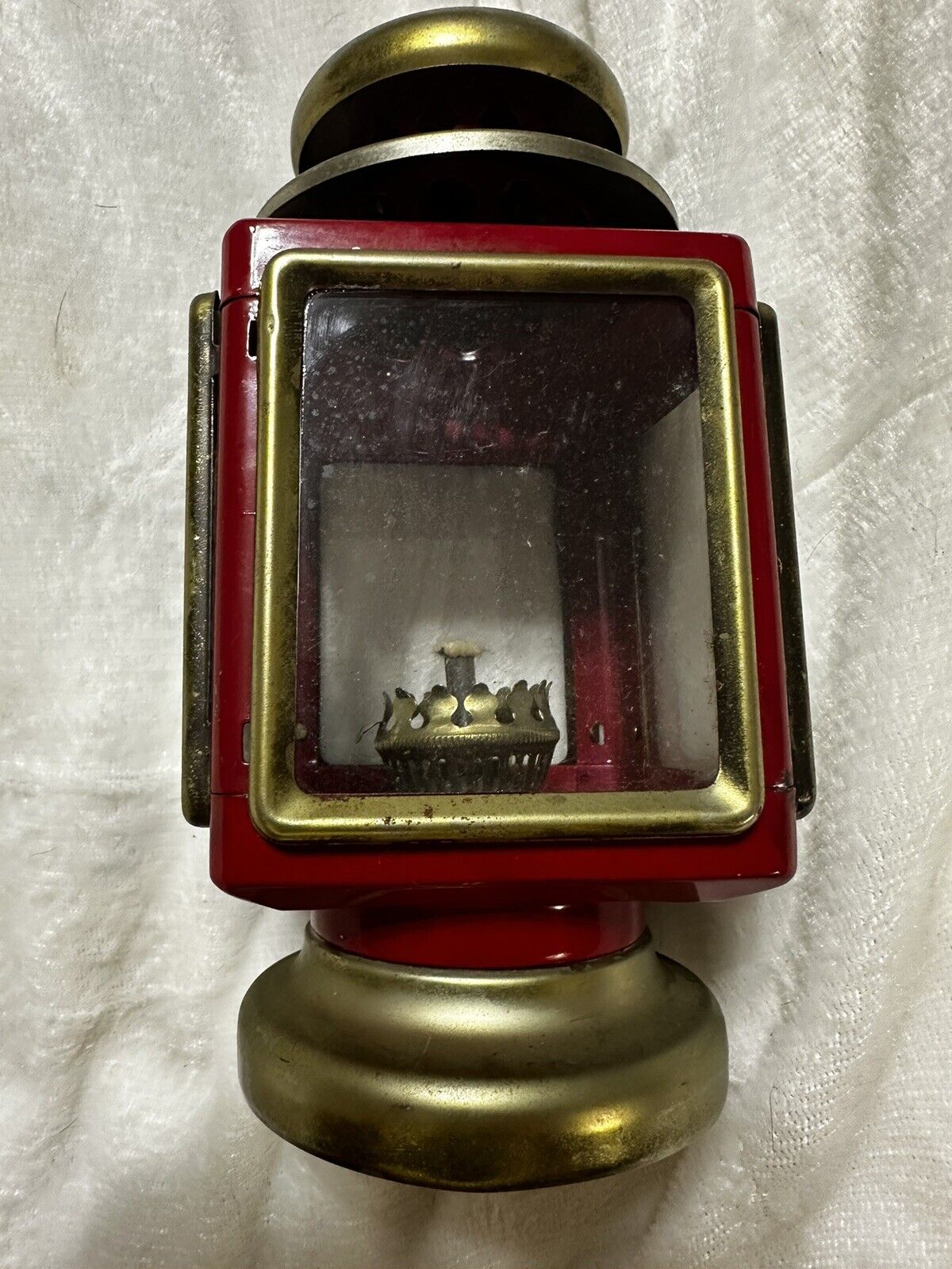 Vintage 1960s Red Metal And Brass Glass Oil Lamp Lantern Carriage Light