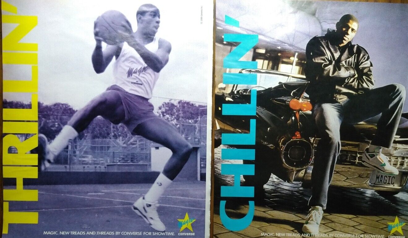 1990 Print Ad Converse Sneakers Magic Johnson Basketball Corvette Vintage 2 Page