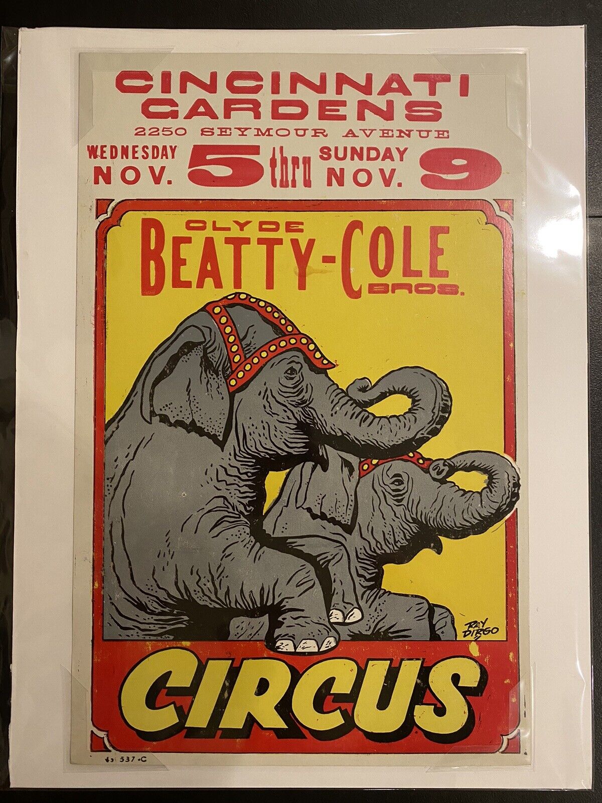Original 1960s Clyde Beatty Cole Bros Circus Poster In Cincinnati, OH. Elephants