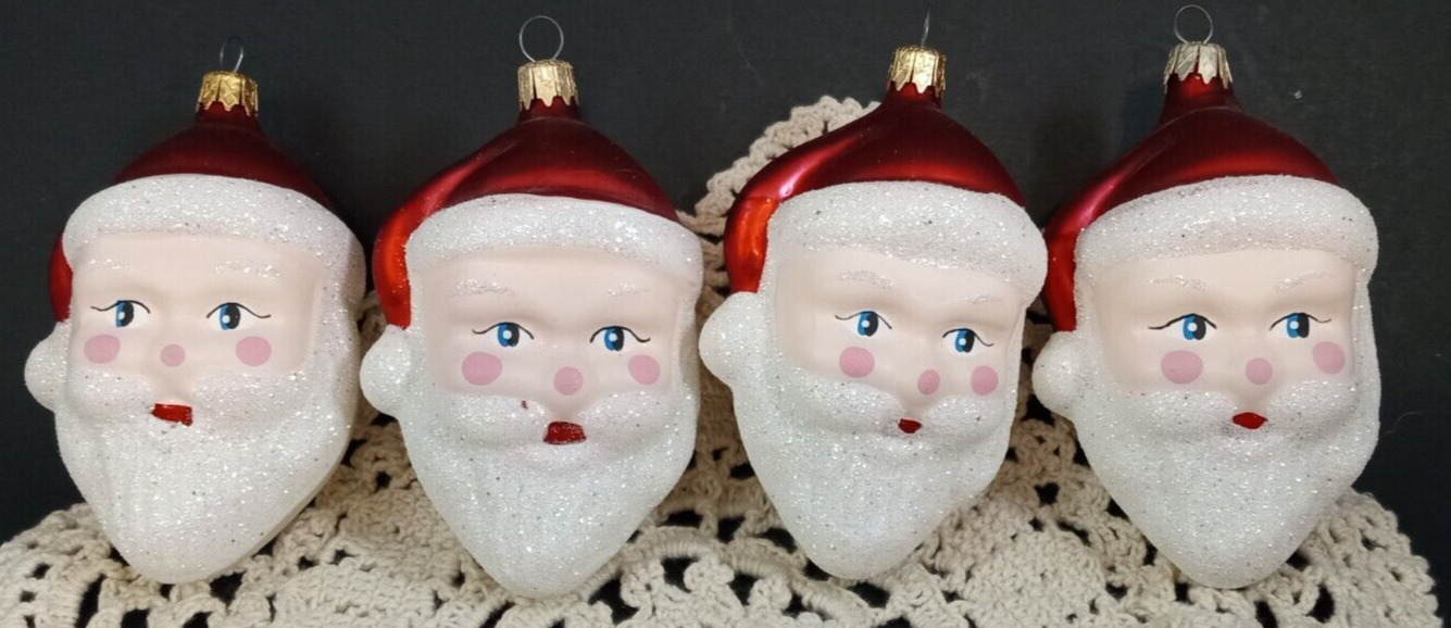 Lot of 4 Vintage Santa Head Hand Blown Glass Christmas Ornament Sparkly Glitter