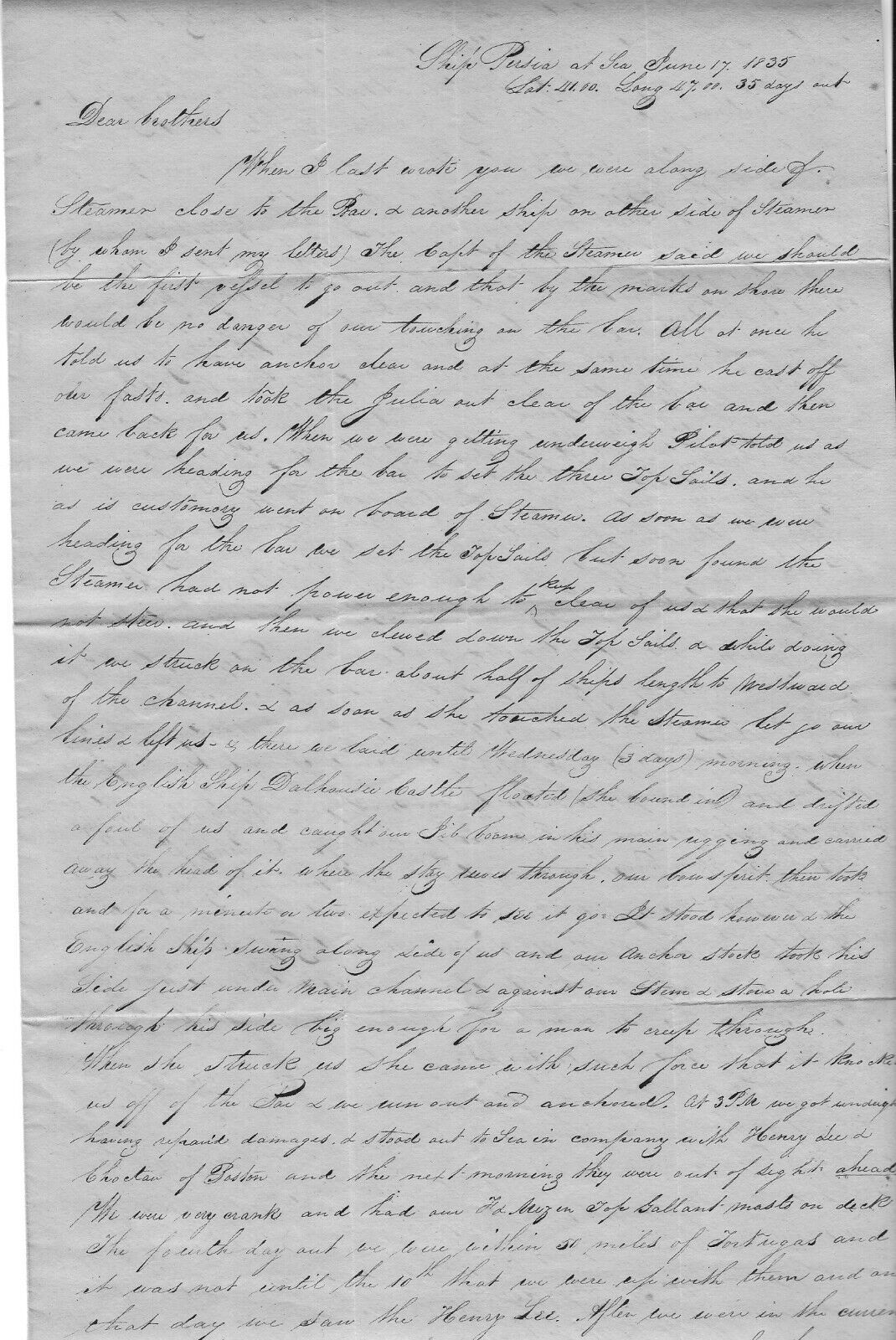 [Maritime] Ship’s Captain Joshua Hale Writes Of Damages To Ship Persia In 1835