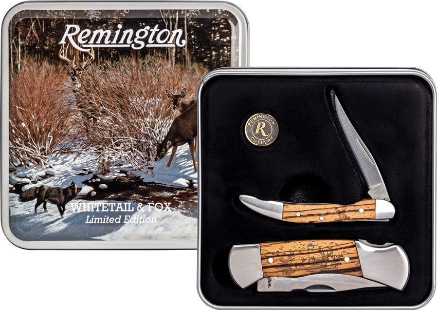 Remington Whitetail & Fox Gift Set Pocket Knife Stainless Steel Blades And Wood