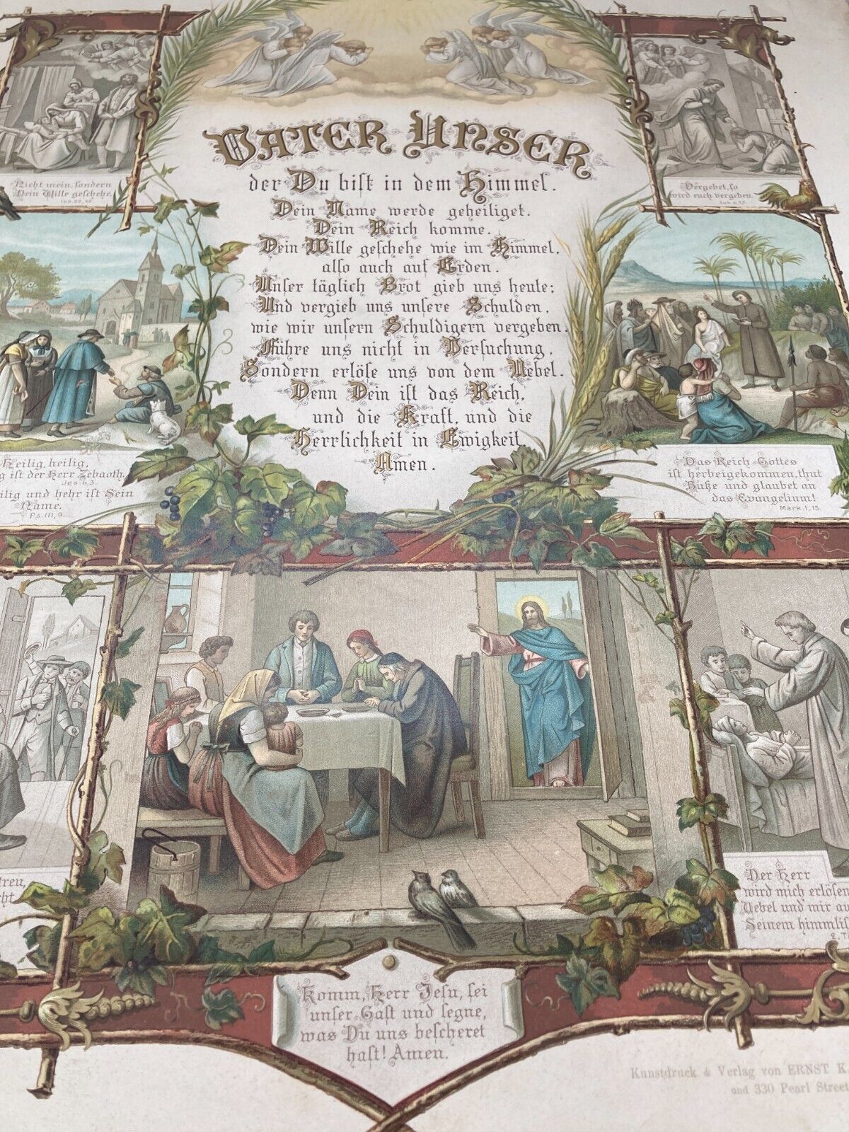 Antique Religious Framed Litho Print Lords Prayer German 1800s Pearl St New York