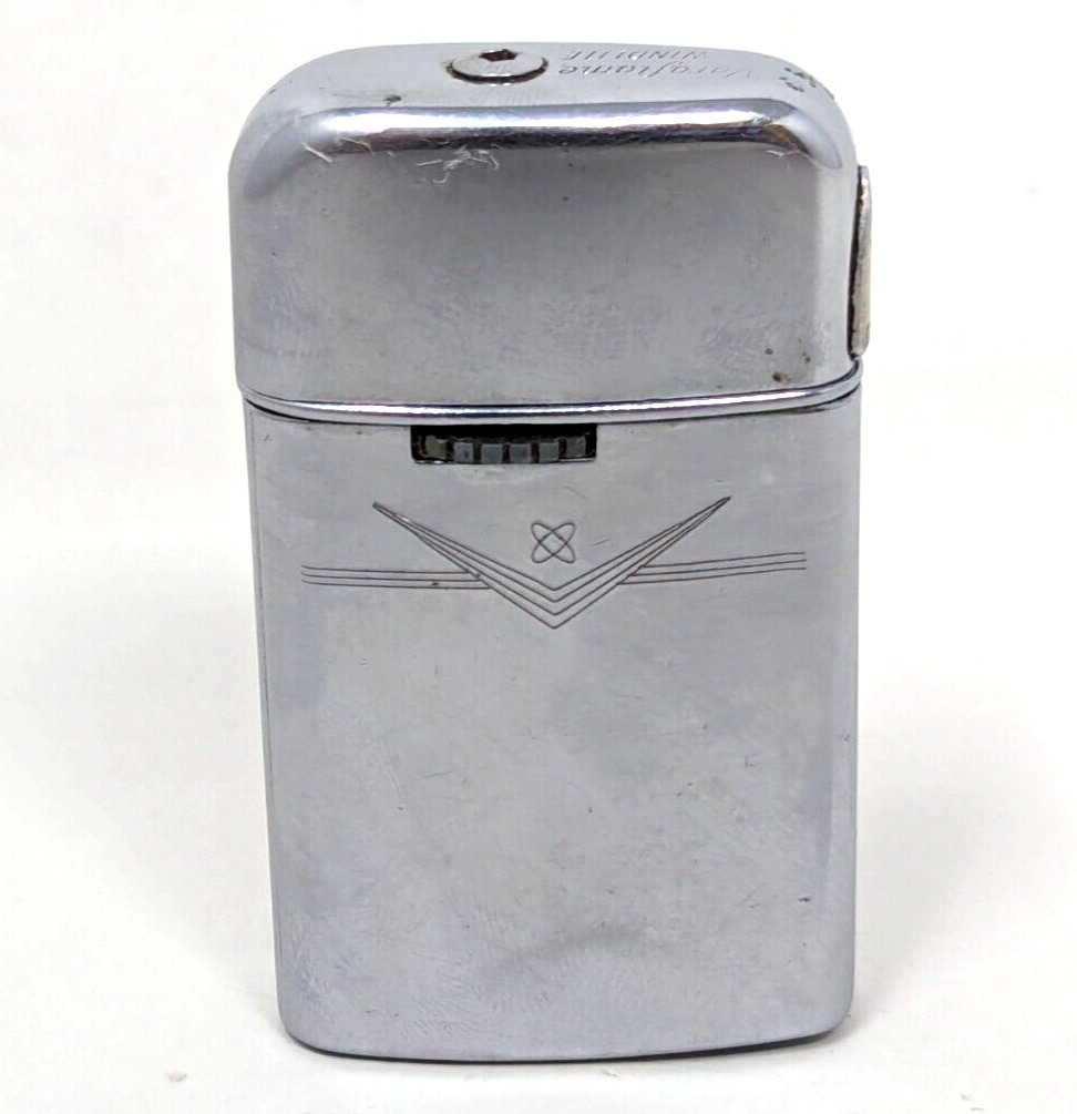 Vintage Ronson Varaflame Windlite Atomic Chrome Gas Cigarette Lighter USA A24