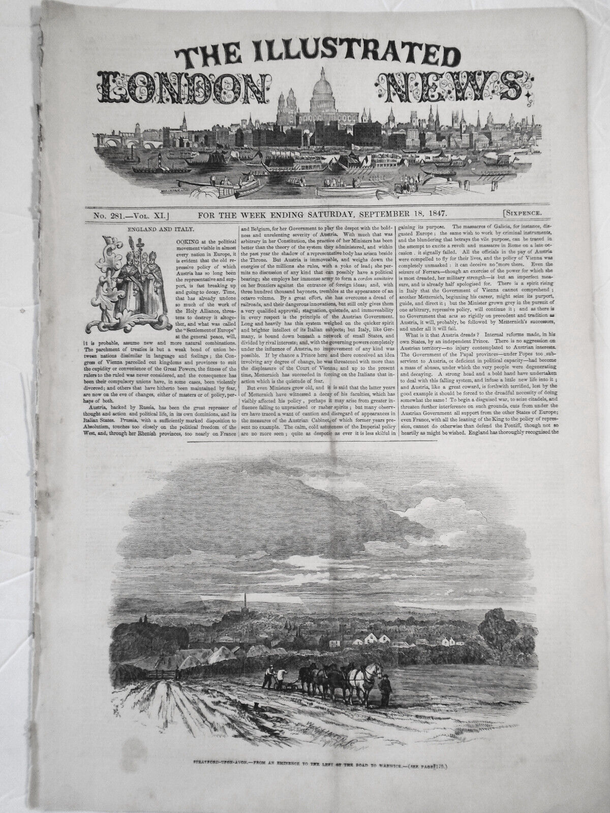 Illustrated London News, September 18, 1847 -  Shakespeare & Stratford Upon Avon