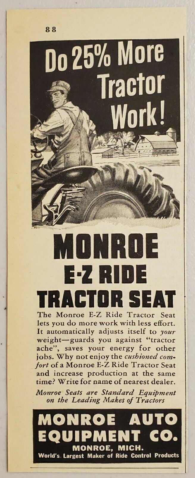 1951 Print Ad Monroe E-Z Ride Tractor Seats Auto Equipment Monroe,Michigan
