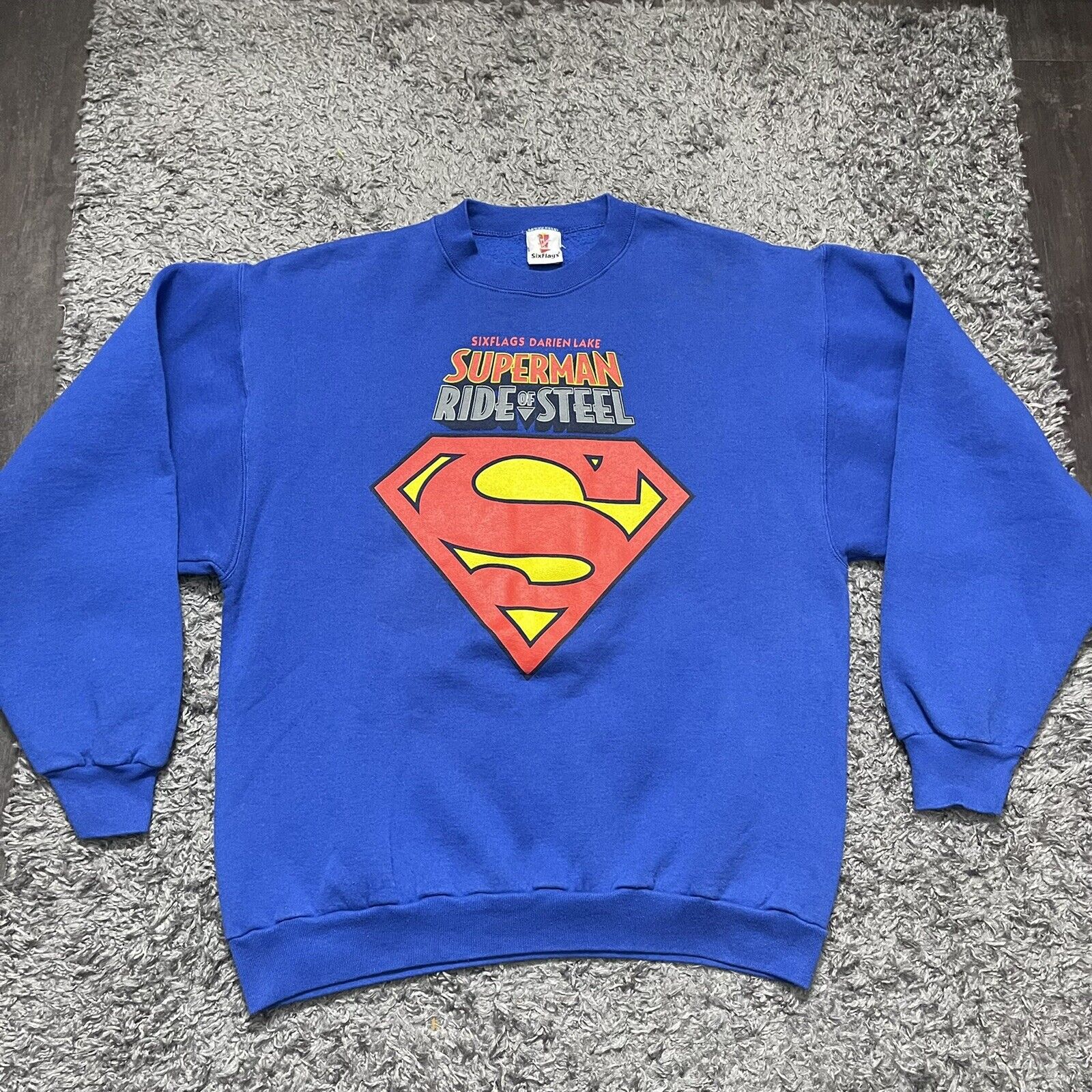 Vintage Six Flags Superman Sweatshirt Mens XL Blue Sweatshirt Darien Lake
