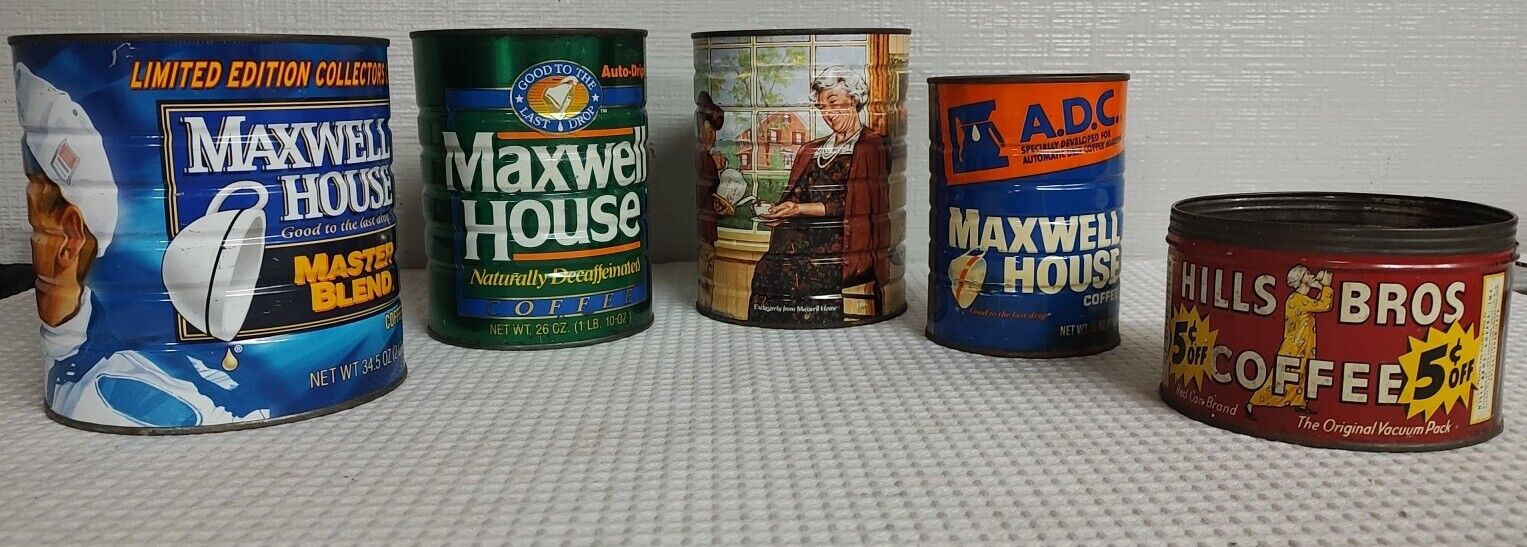 5 Vintage Coffee Cans: Maxwell House & HILLS BROS NO LIDS METAL CANS