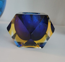 Vintage Cobalt & Amber MURANO Faceted Diamond Geometric SOMMERSO Art Glass Bowl picture