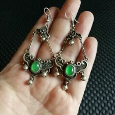Antique Collect Chinese Manual Old Silversmith Jade Butterfly Earring Jewelry picture