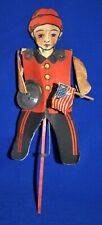 RARE 1930'S PATRIOTIC 4TH JULY MECHANICAL PUSH TOY, BOY WAVING FLAG, TIN CYMBALS picture