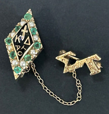 Kappa Delta Sorority 14K Yellow Gold Seed Pearl Emerald Black Enamel Kite Badge picture