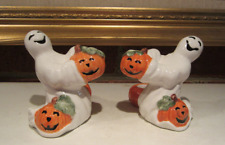 Fitz & Floyd Pair of Ghosts (2) with Pumpkins Candlestick Holders Hallowee Taper picture