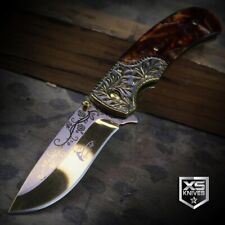 WESTERN Ornate BROWN HANDLE Cowboy Spring Assist Pocket Knife GOLDEN Blade 8.25