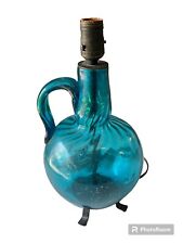 14” MC Hand Blown Amphora Blue Glass Handled Jug Decanter Lamp-Works picture