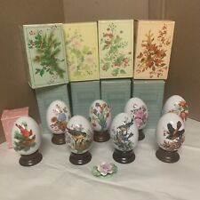 8-Vintage Avon Four Seasons Porcelain Eggs w/Wood Stands Birds & Flowers 1987/84 picture