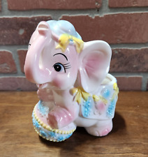 Vtg Circus Elephant Baby Planter Ceramic Pink Blue Yellow Ball HP Japan picture