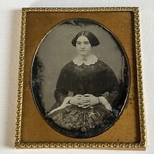 Antique Daguerreotype Photograph Beautiful Young Woman Fringe Dress Lace Cross picture