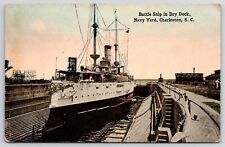 Vintage Postcard Battleship in Dry Dock Navy Yard Charleston South Carolina SC picture