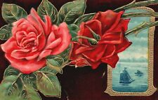 Vintage Postcard Beautiful Red Rose Bloom & Yacht Landscape In Framed picture